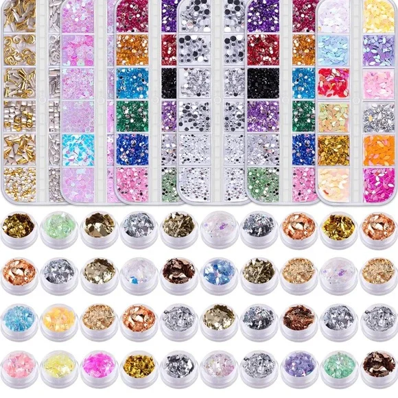 6 Boxes Nail Rhinestones & 40 Pots Nail Foils Flakes Nail Art 💅🏾 - Picture 1 of 7